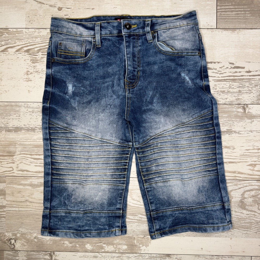 Southpole Shorts Boys 16 Bermuda Blue Denim Distressed Moto Ribbed EUC